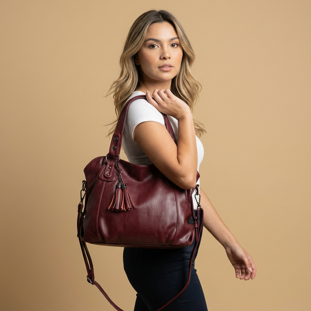 Tote Bag Women Studded Leather Tassel Handbag