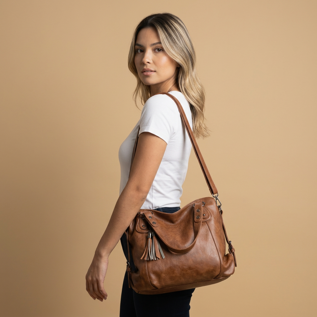 Tote Bag Women Studded Leather Tassel Handbag