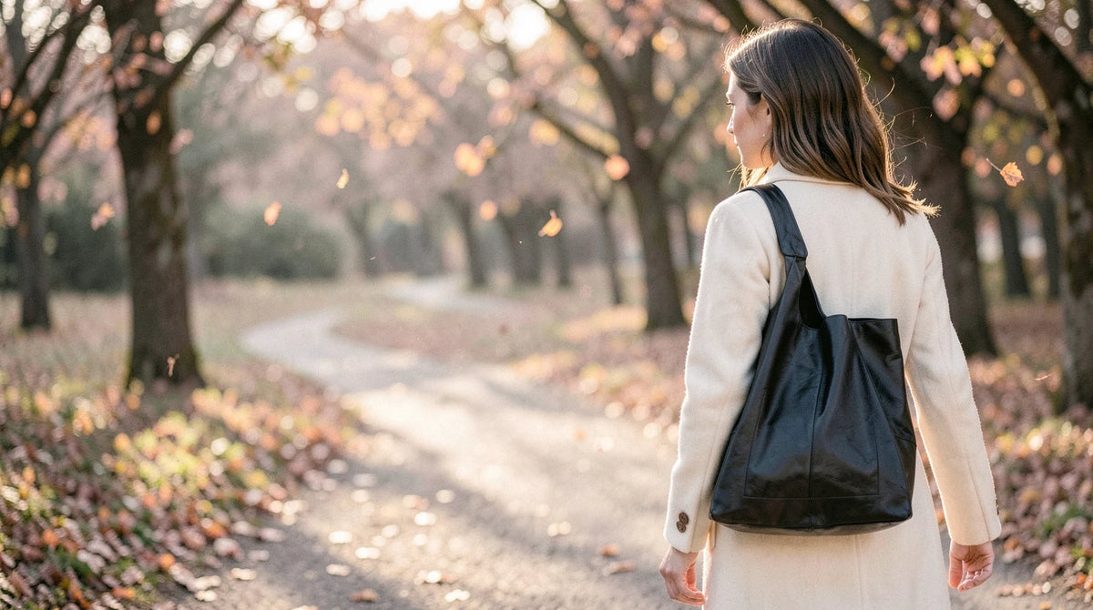 A woman walking a tree-lined path in late afternoon light, carrying a black leather tote on her shoulder