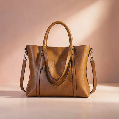 Cognac distressed leather tote bag with rolled top handles